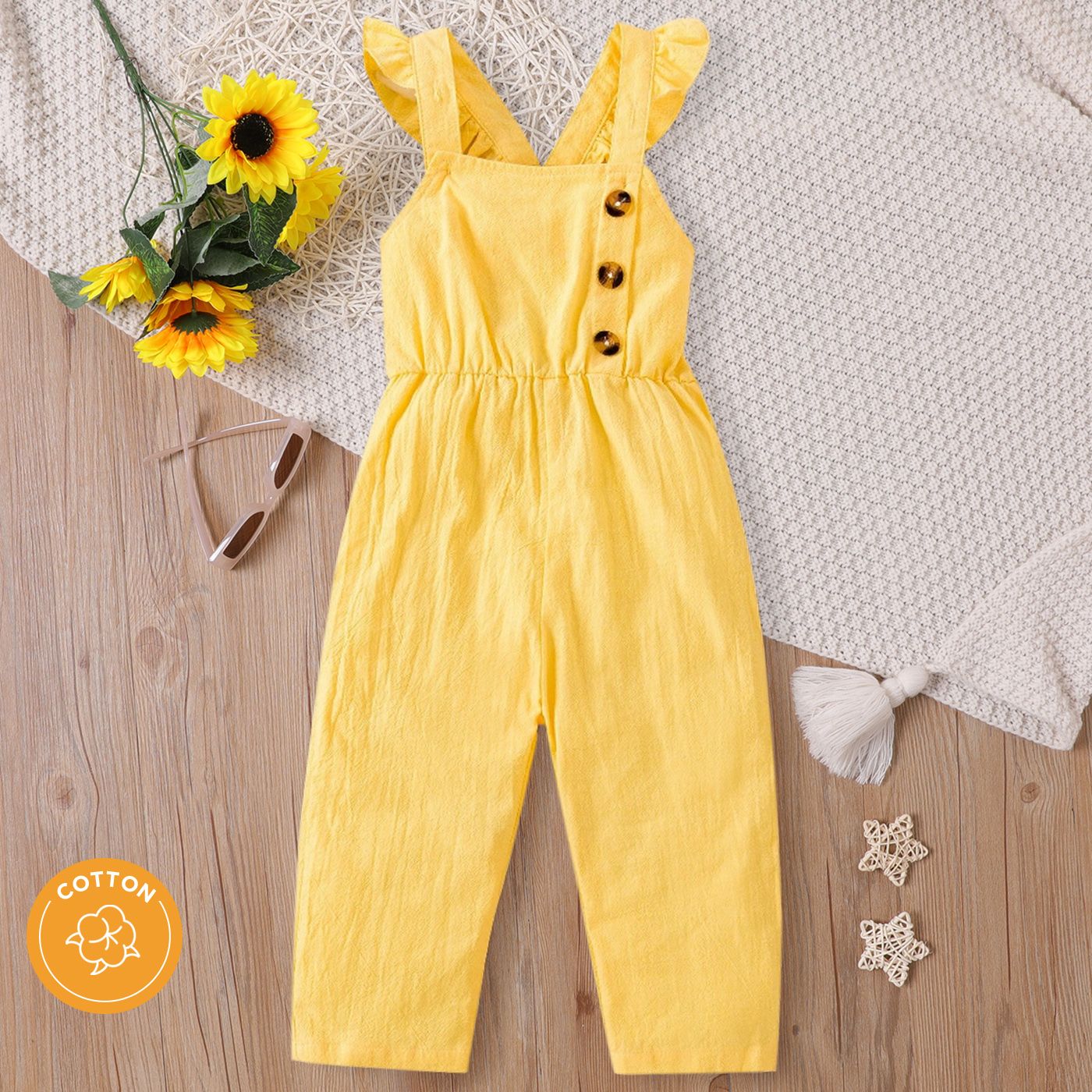 

Kid Girl 100% Cotton Button Front Crisscross Back Flutter-sleeve Jumpsuit