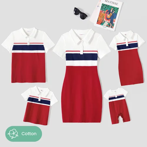 Family Matching Cotton Colorblock Polo Neck Short-sleeve Bodycon Dresses and Tops Sets