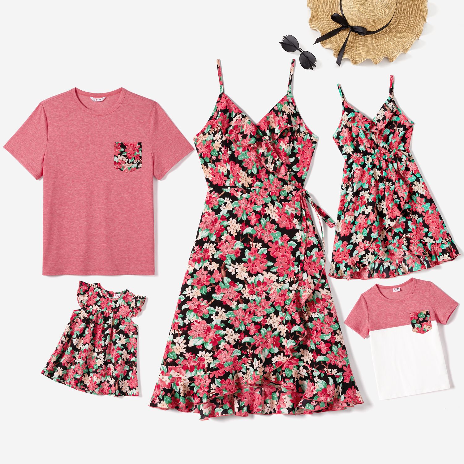 Family Matching Allover Floral Print Ruffled Wrap Knot Side Cami Dresses and Short-sleeve T-shirts S