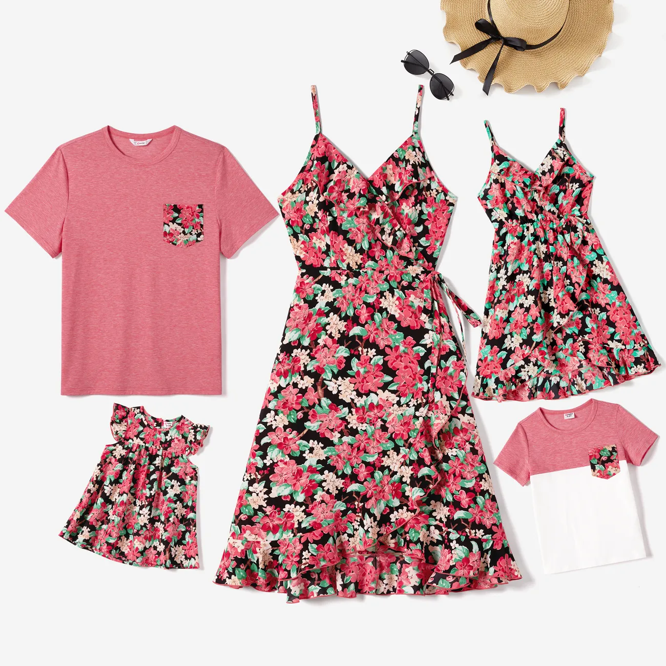 Family Matching Allover Floral Print Ruffled Wrap Knot Side Cami Dresses and Short-sleeve T-shirts Sets  big image 1