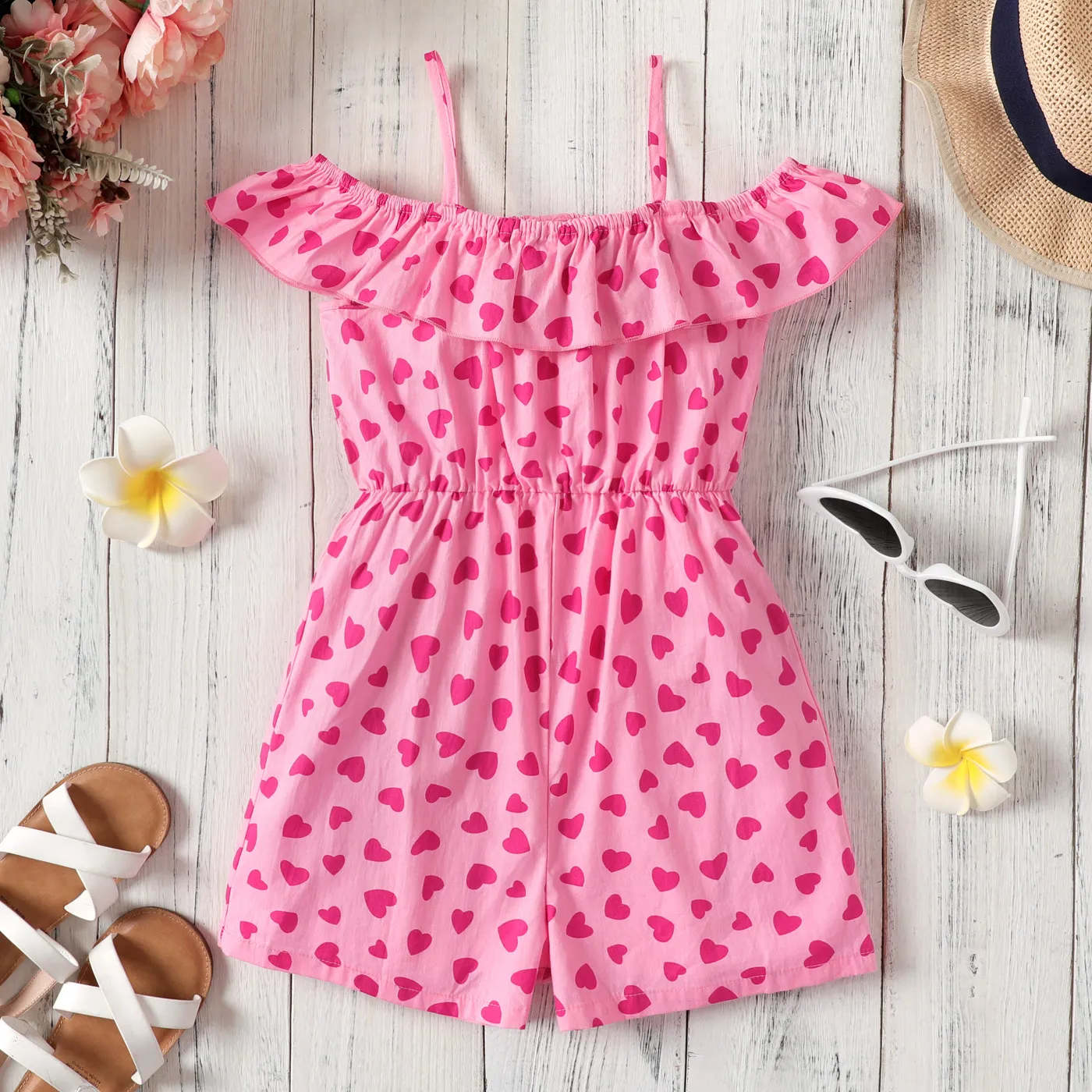 Kid Girl 100% Cotton Allover Hearts Print Ruffle Slip Jumpsuit Pink big image 1