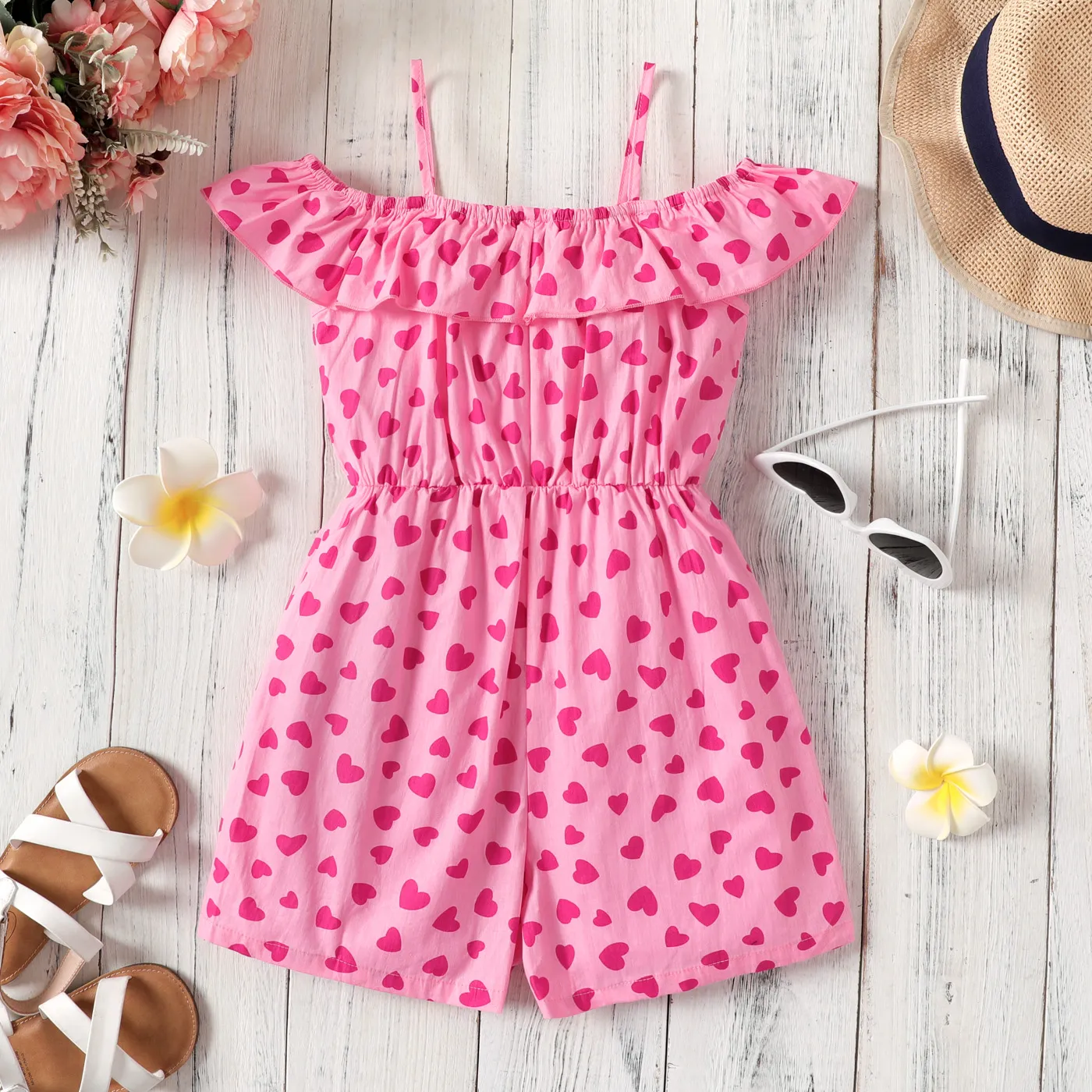 Kid Girl 100% Cotton Allover Hearts Print Ruffle Slip Jumpsuit Pink image 6