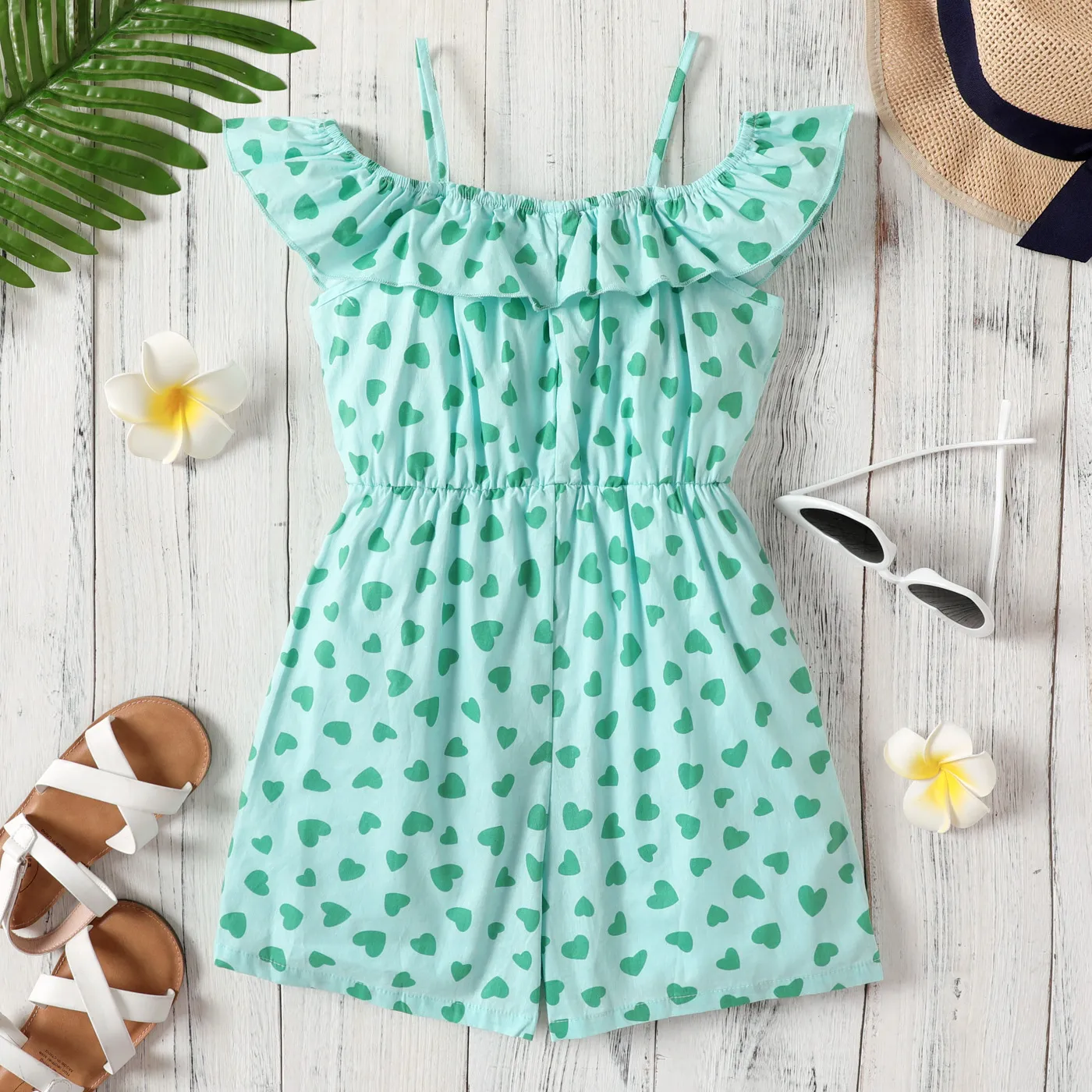 Kid Girl 100% Cotton Allover Hearts Print Ruffle Slip Jumpsuit Green