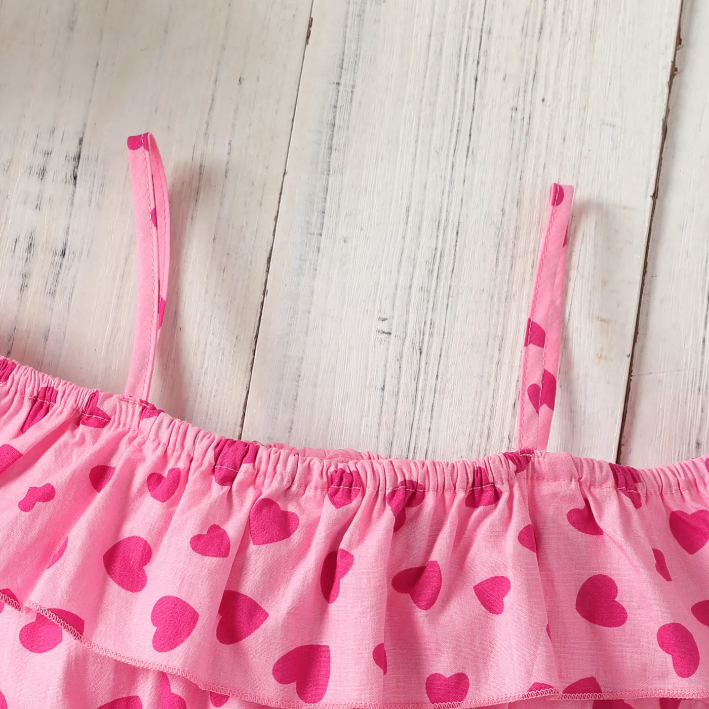 Kid Girl 100% Cotton Allover Hearts Print Ruffle Slip Jumpsuit Pink image 3