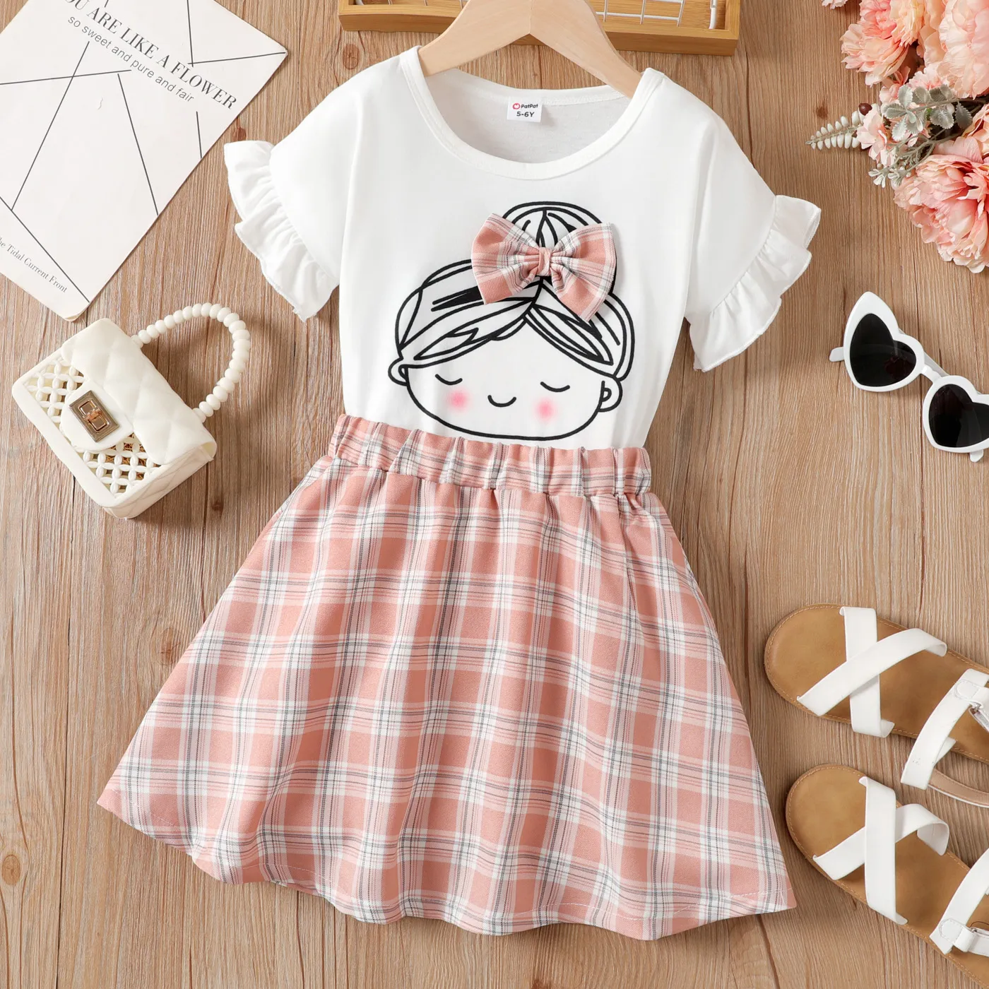 2pcs Kid Girl Bow Decor Ruffle Top and Plaid Skirt Set