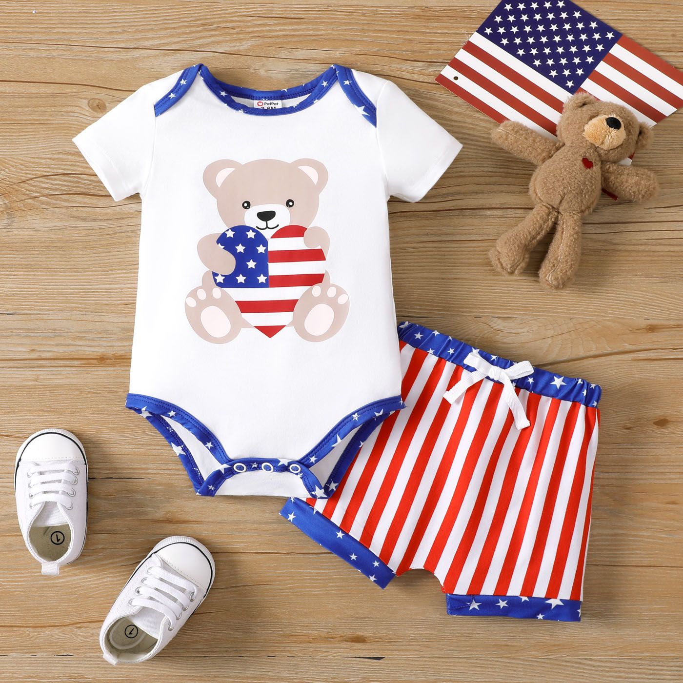 

Independence Day 2pcs Baby Boy/Girl Cotton Bear Print Romper and 95% Cotton Elasticized Shorts Set