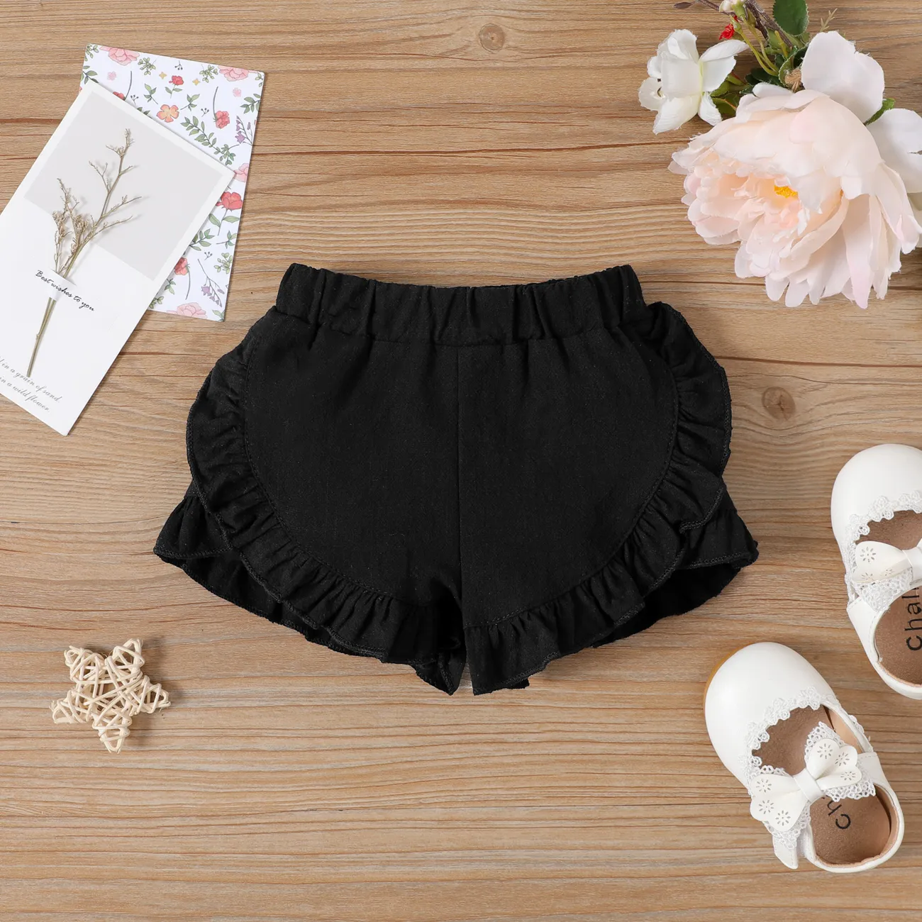 Baby Girl 100% Cotton Solid Ruffle Trim Shorts