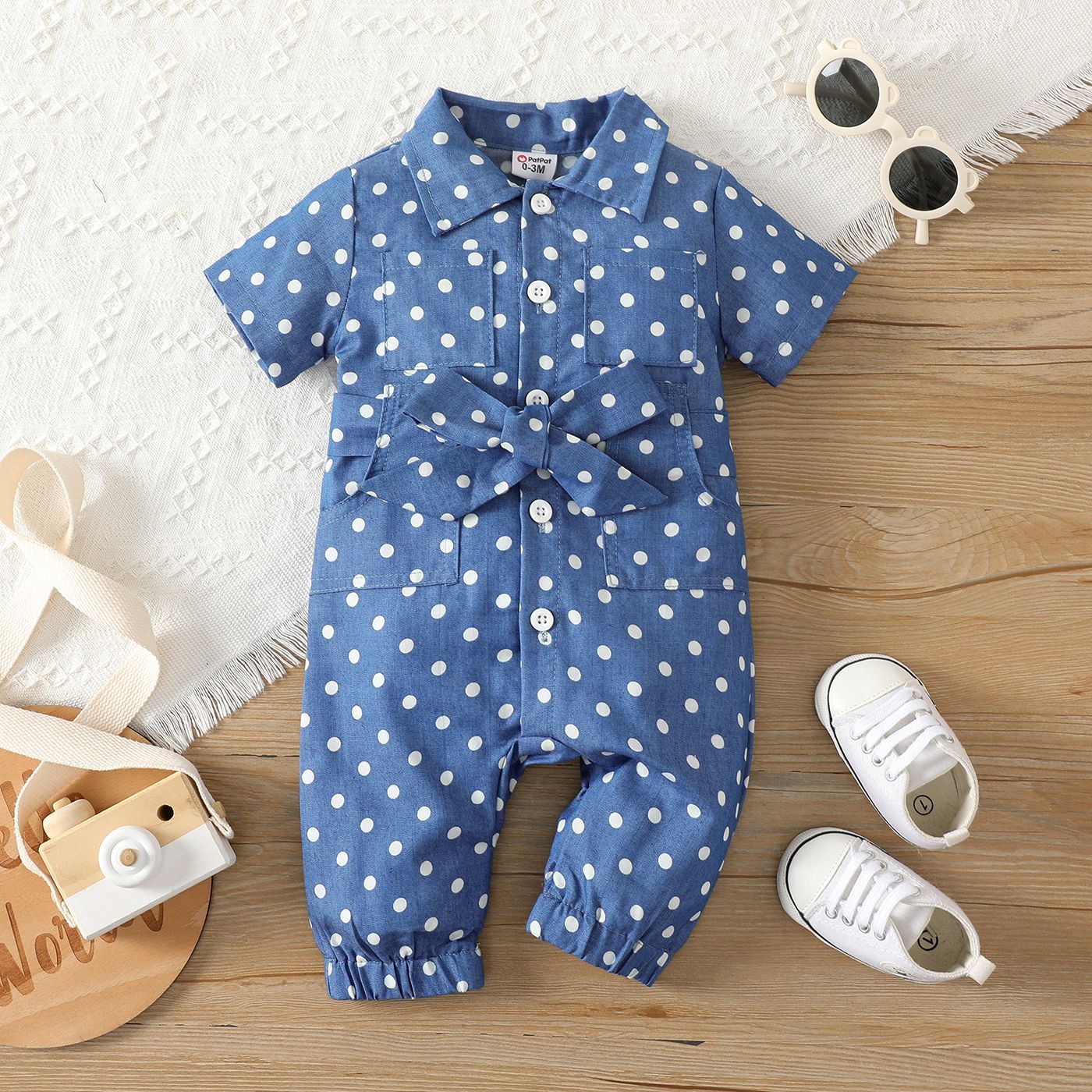 

Baby Girl/Boy 100% Cotton Polka Dots Bow Front Short-sleeve Shirt Jumpsuit