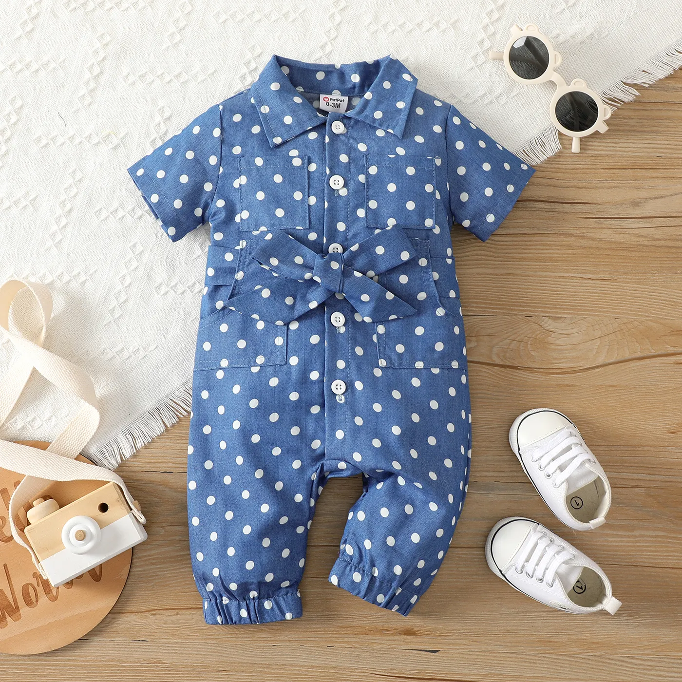 Baby Girl/Boy 100% Cotton Polka Dots Bow Front Short-sleeve Shirt Jumpsuit  big image 1