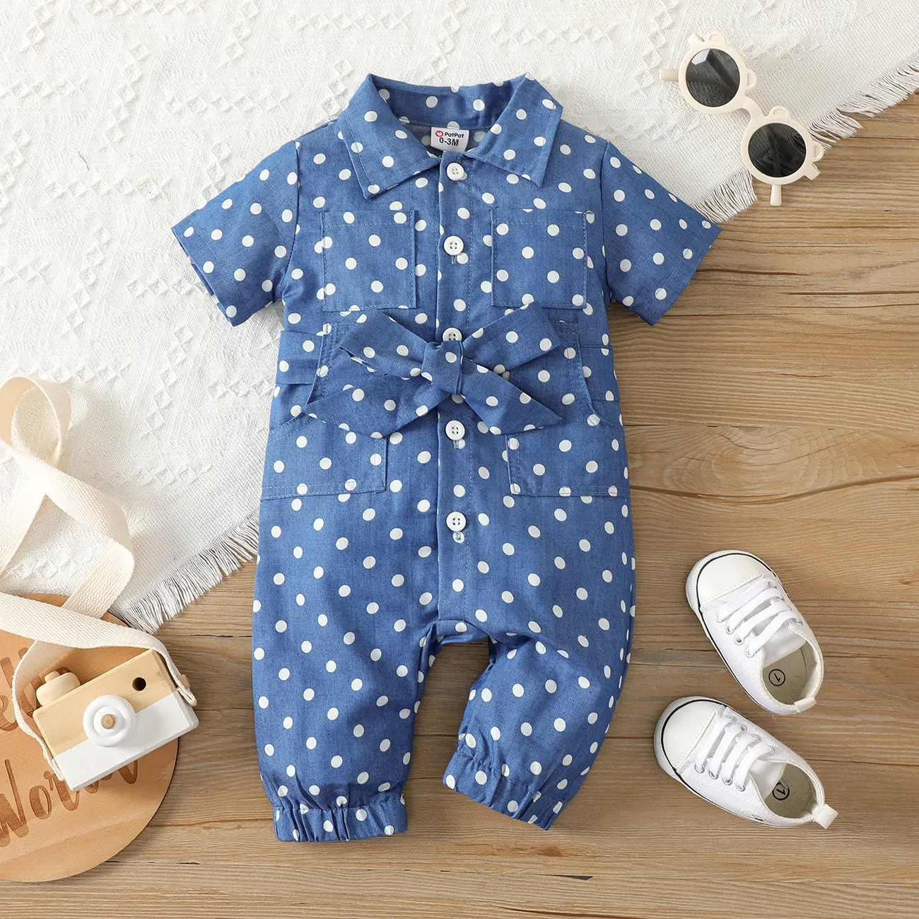 Baby Girl/Boy 100% Cotton Polka Dots Bow Front Short-sleeve Shirt Jumpsuit  big image 1