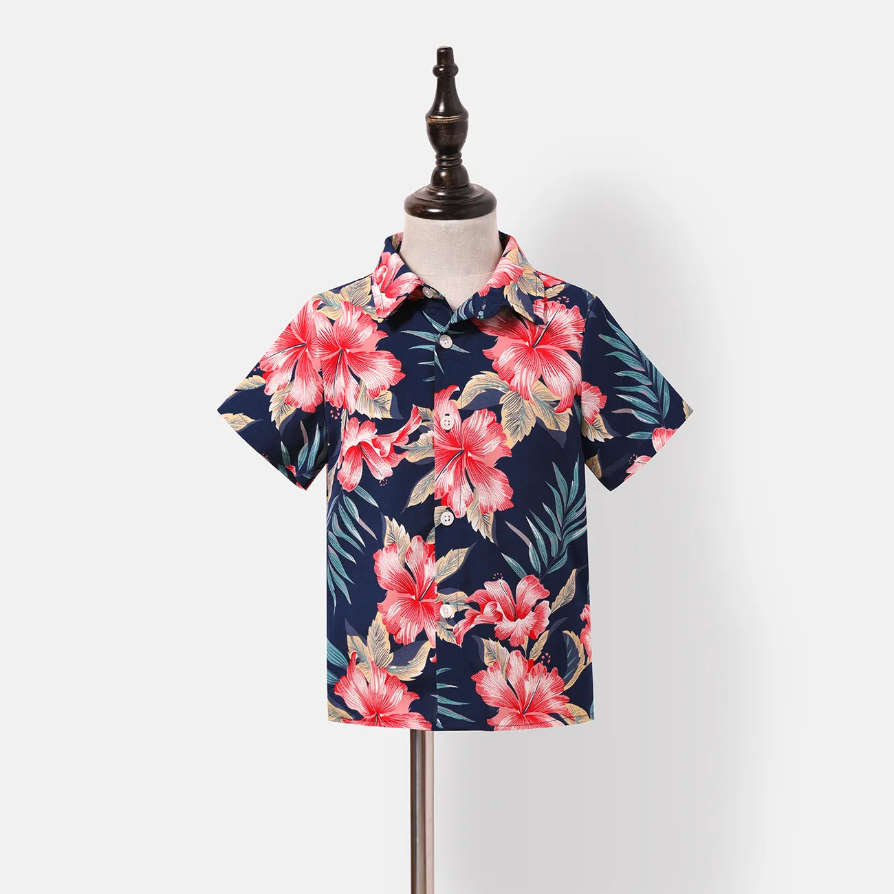 Family Matching Allover Floral Print Halterneck Dresses and Short-sleeve Shirts Sets Blue big image 1