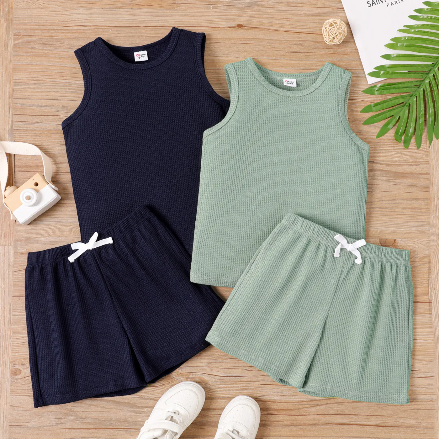2pcs Kid Boy Solid Waffle Tank Top and Shorts Set  image 6