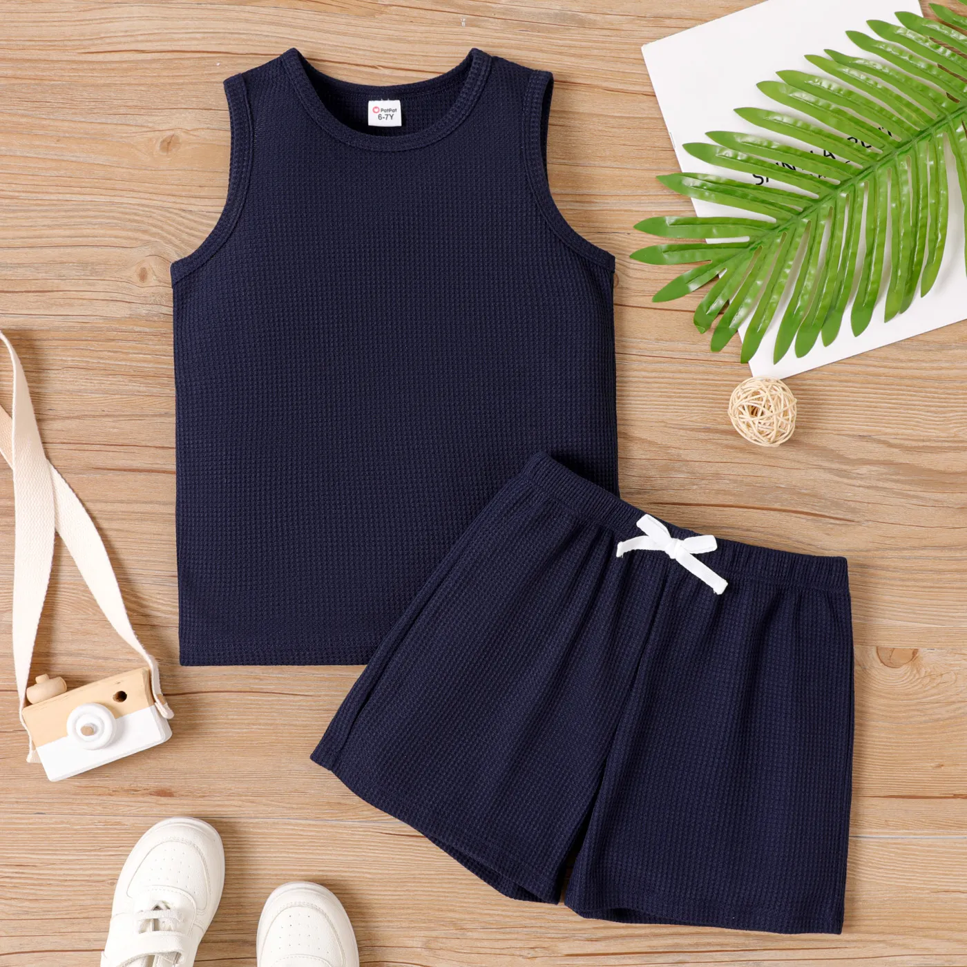2pcs Kid Boy Solid Waffle Tank Top and Shorts Set DeepBlue