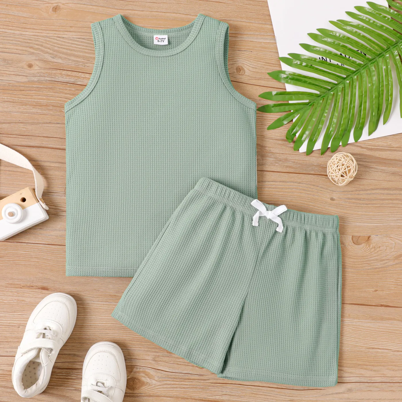 2pcs Kid Boy Solid Waffle Tank Top and Shorts Set  big image 1