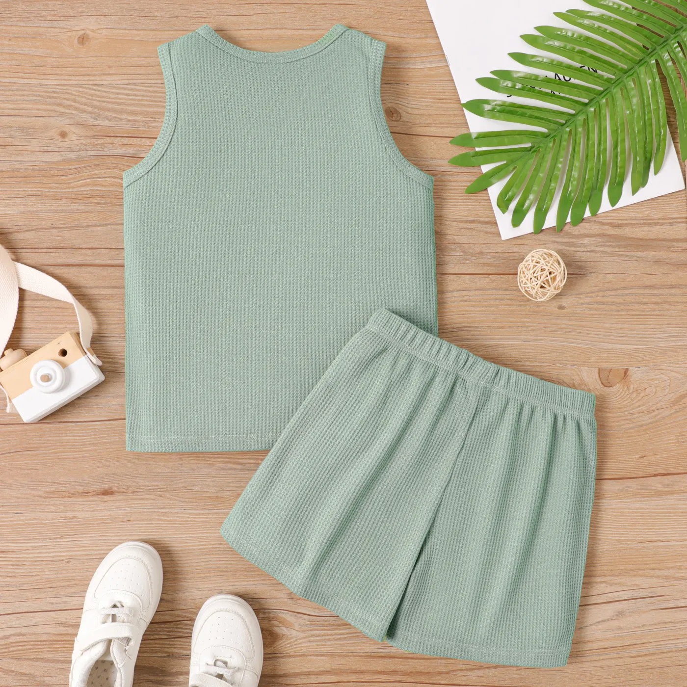 2pcs Kid Boy Solid Waffle Tank Top and Shorts Set  image 2