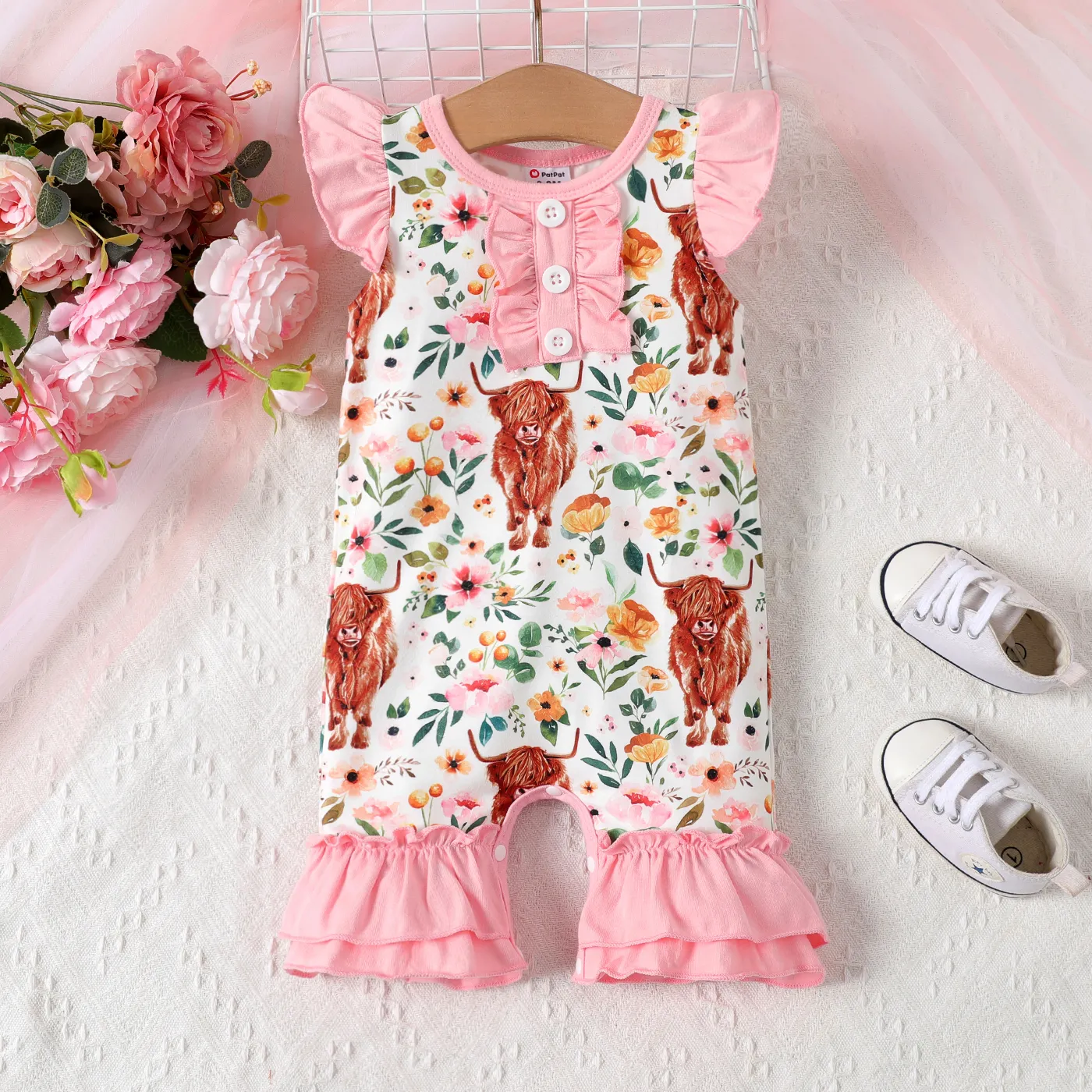 Baby Girl Allover Floral Print Front Buttons Ruffle Jumpsuit  Pink big image 1