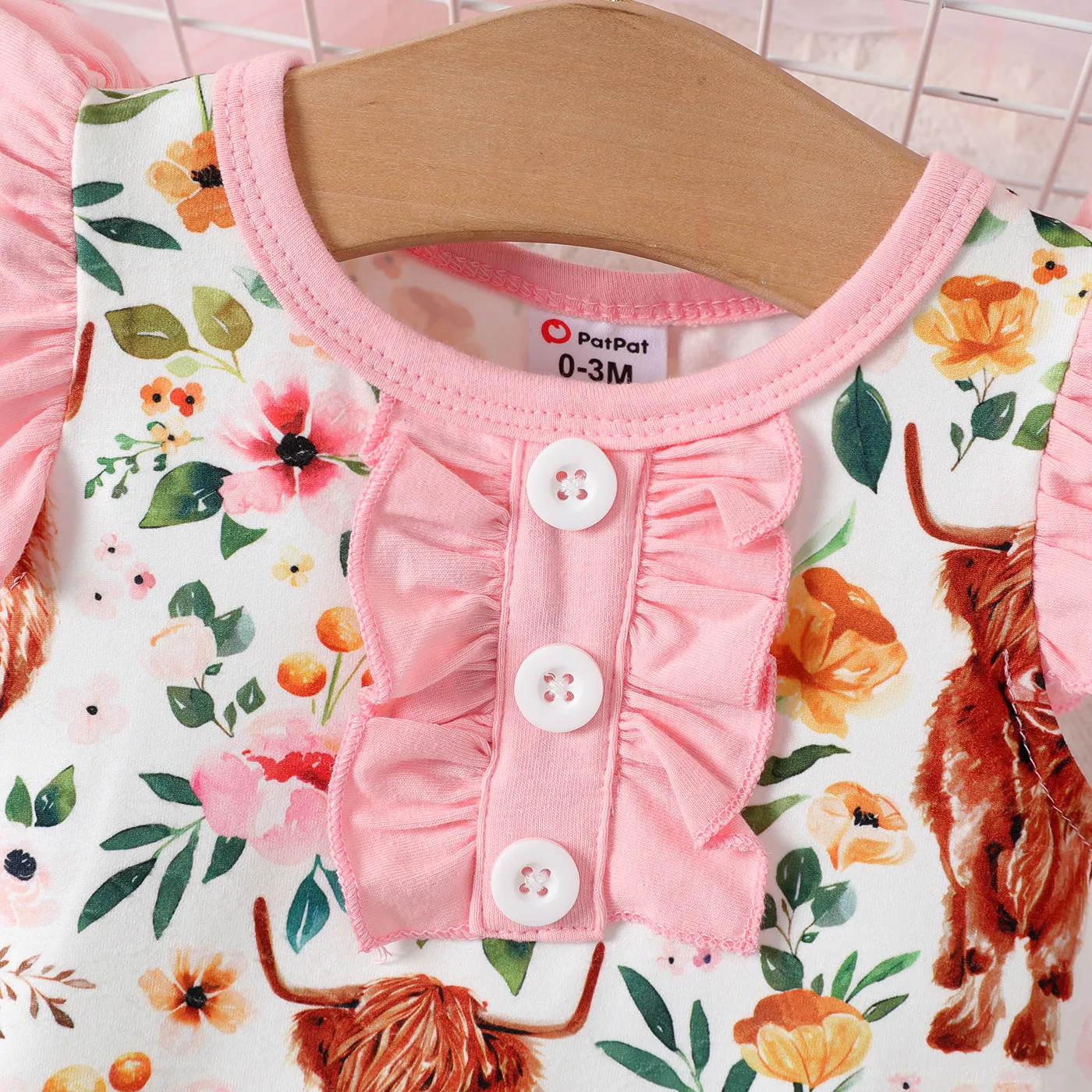 Baby Girl Allover Floral Print Front Buttons Ruffle Jumpsuit  Pink image 3