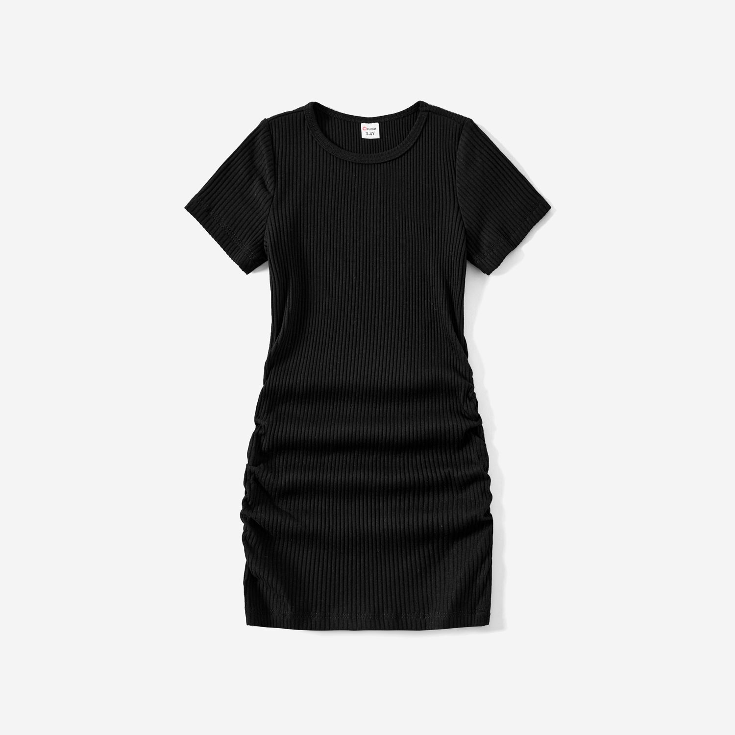 Mommy And Me Black Drawstring Ruched Side Short-sleeve Cotton Ribbed Dresses