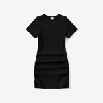 Mommy and Me Black Drawstring Ruched Side Short-sleeve Cotton Ribbed Dresses  image 6