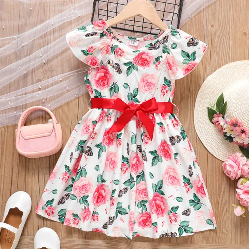 Kid Girl Allover Floral Print Ruffle-sleeve Belted Ruched Dress