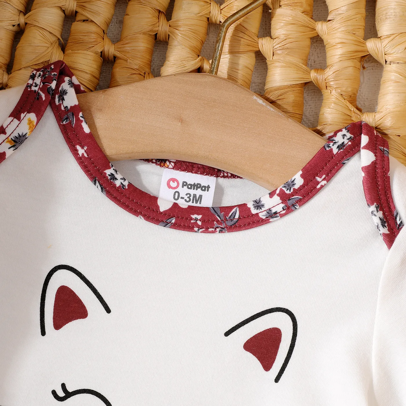 2pcs Baby Girl Cat & Floral Print Short-sleeve Bodysuit Dress with Headband Burgundy image 3