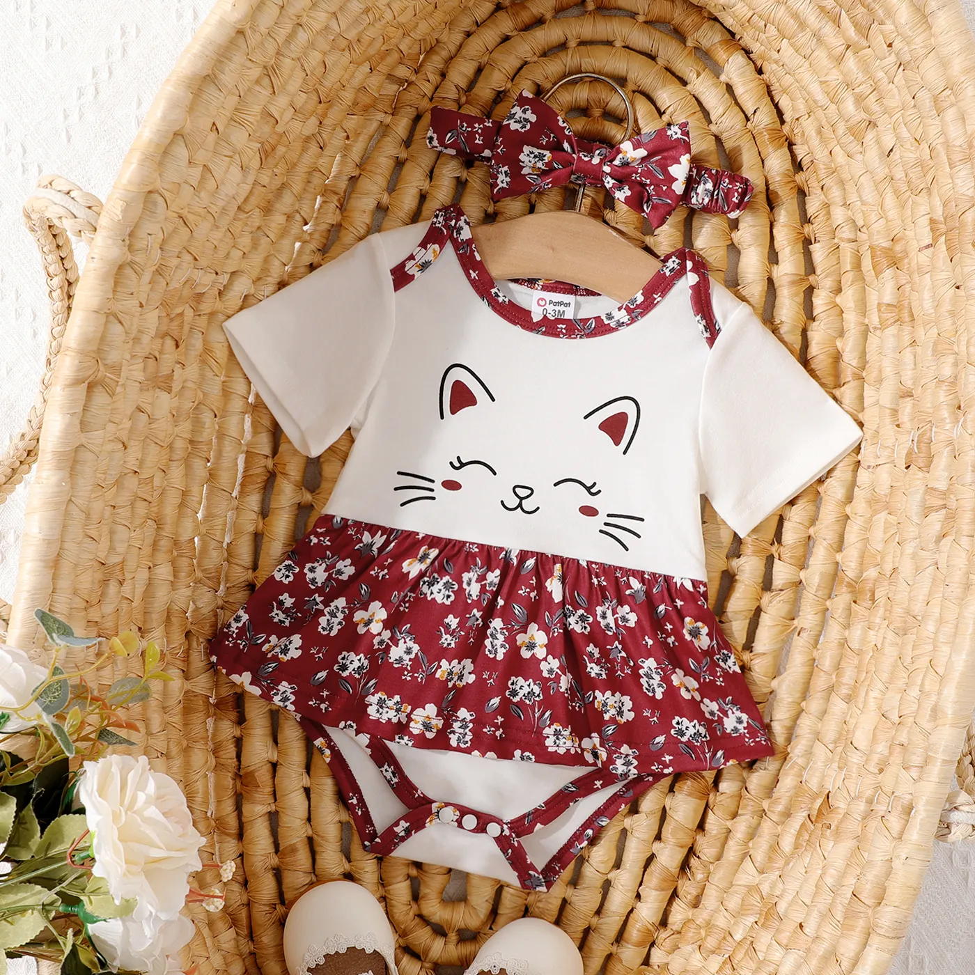 2pcs Baby Girl Cat & Floral Print Short-sleeve Bodysuit Dress with Headband Burgundy big image 1
