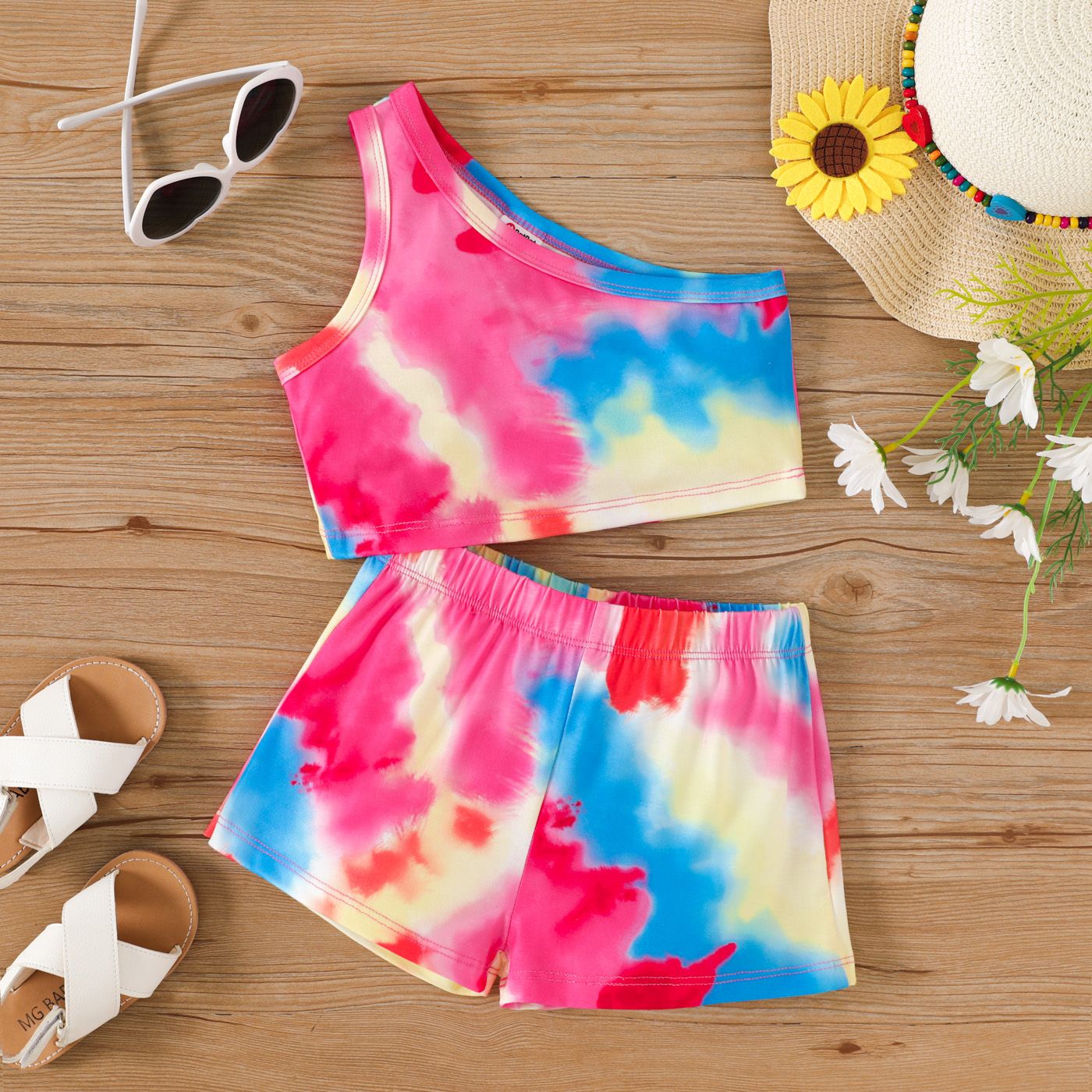 2pcs Toddler Girl Tie Dye One-Shoulder Top and Shorts Set