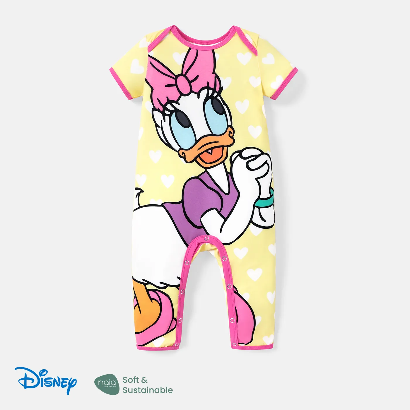 Disney Mickey and Friends Baby Girl/Boy Naia™ Character Print Short-sleeve Jumpsuit Yellow