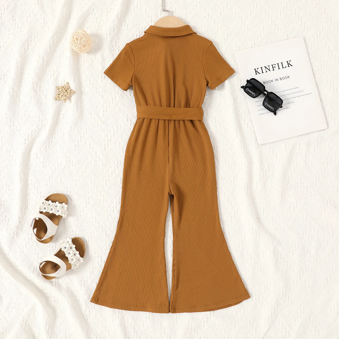 Toddler Girl Button Half Placket Short-sleeve Belted Flare Leg Rib-knit Jumpsuit  Brown image 2