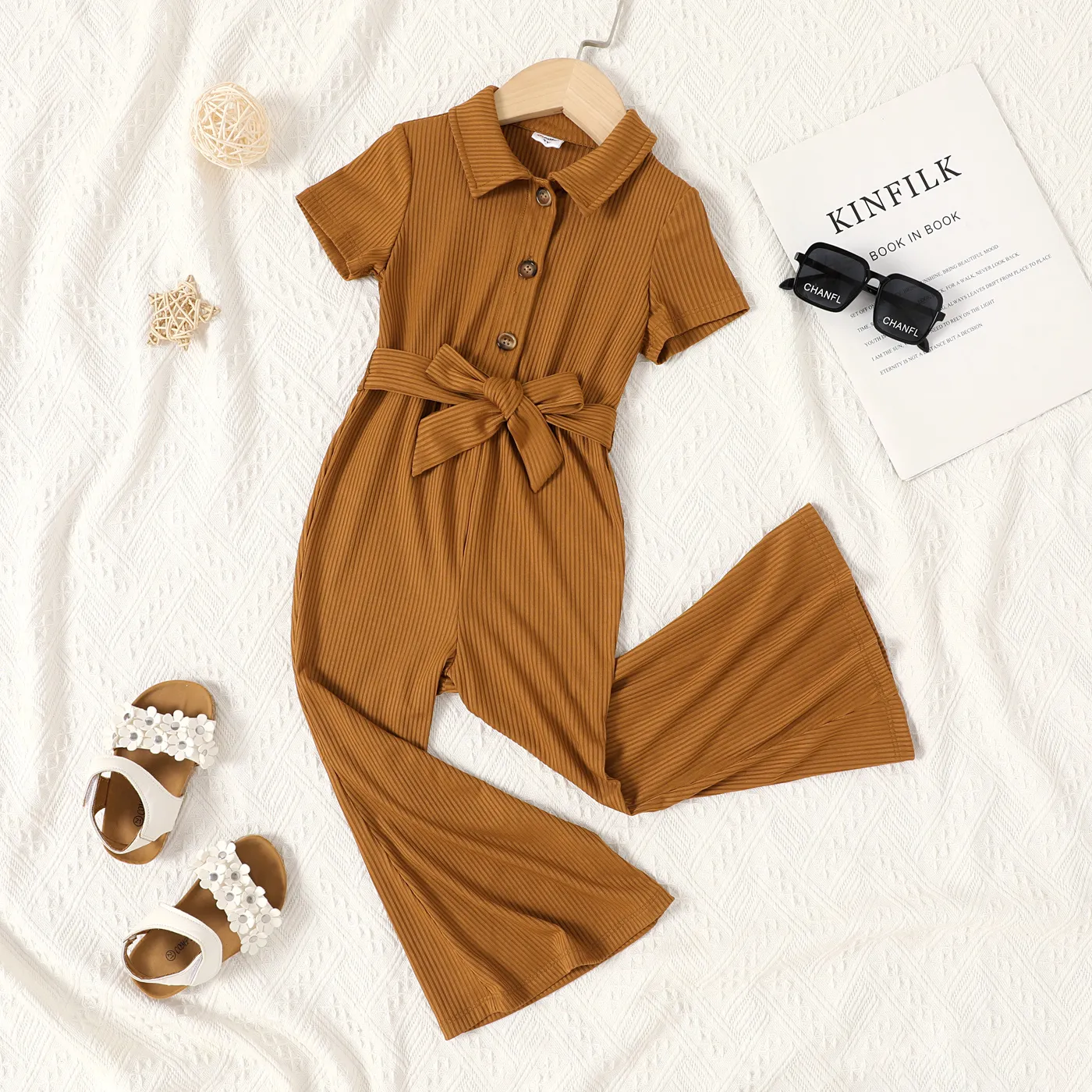 Toddler Girl Button Half Placket Short-sleeve Belted Flare Leg Rib-knit Jumpsuit  Brown big image 1