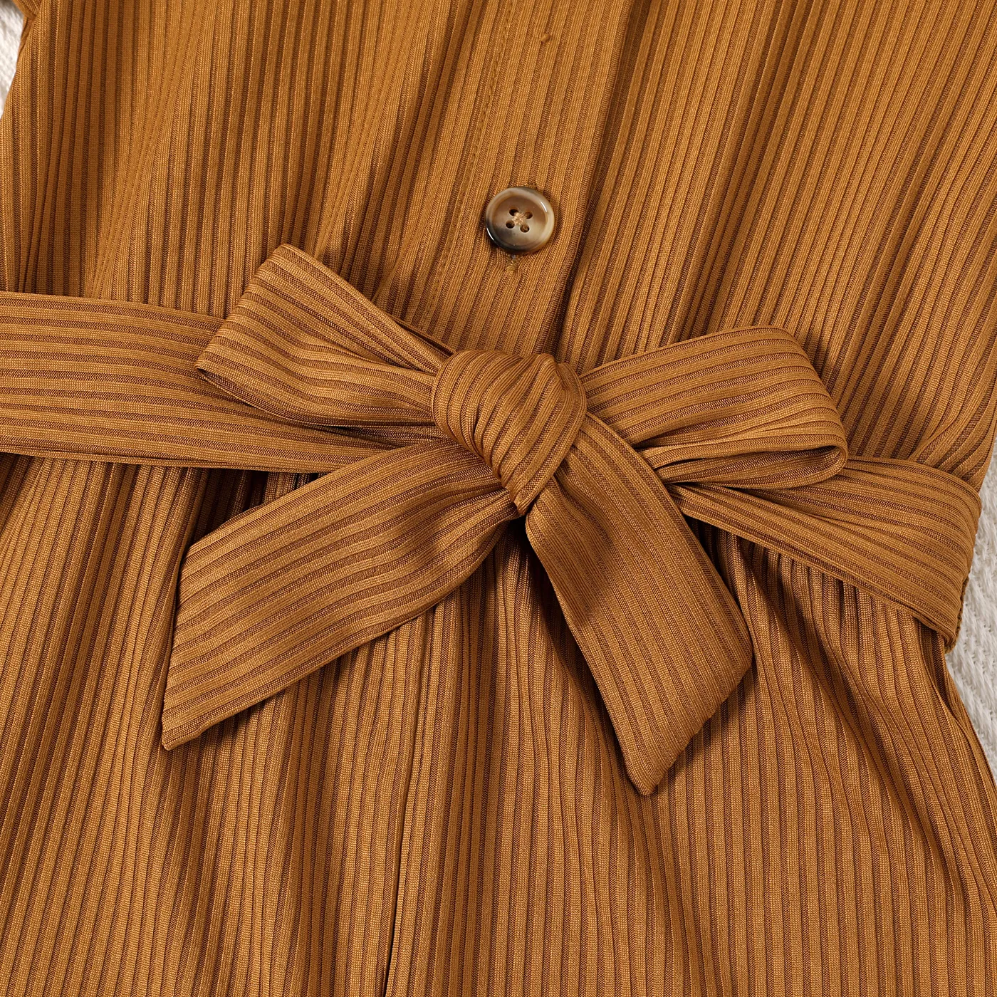 Toddler Girl Button Half Placket Short-sleeve Belted Flare Leg Rib-knit Jumpsuit  Brown image 4