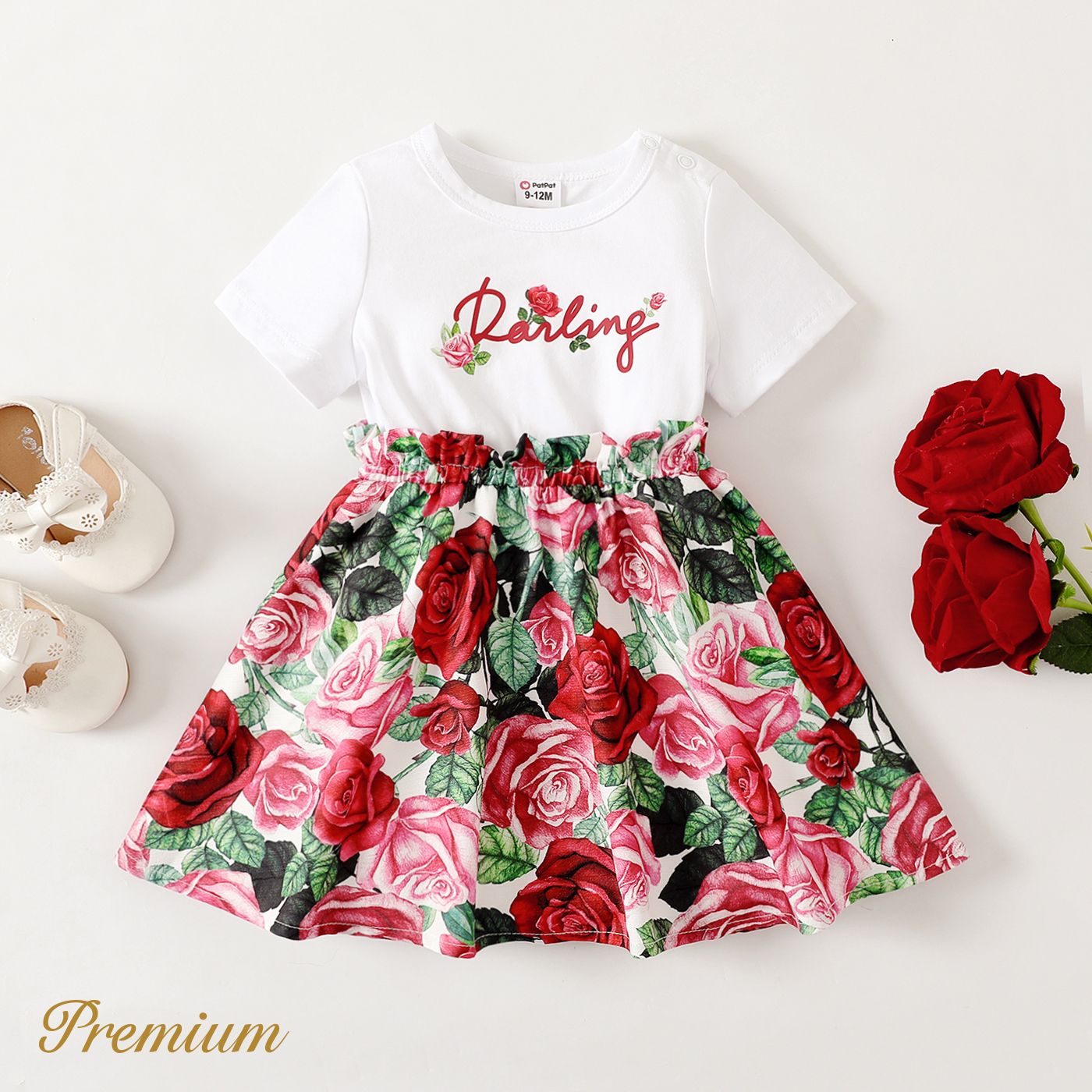 Baby Girl Rose & Letter Print Short-sleeve Combo Dress