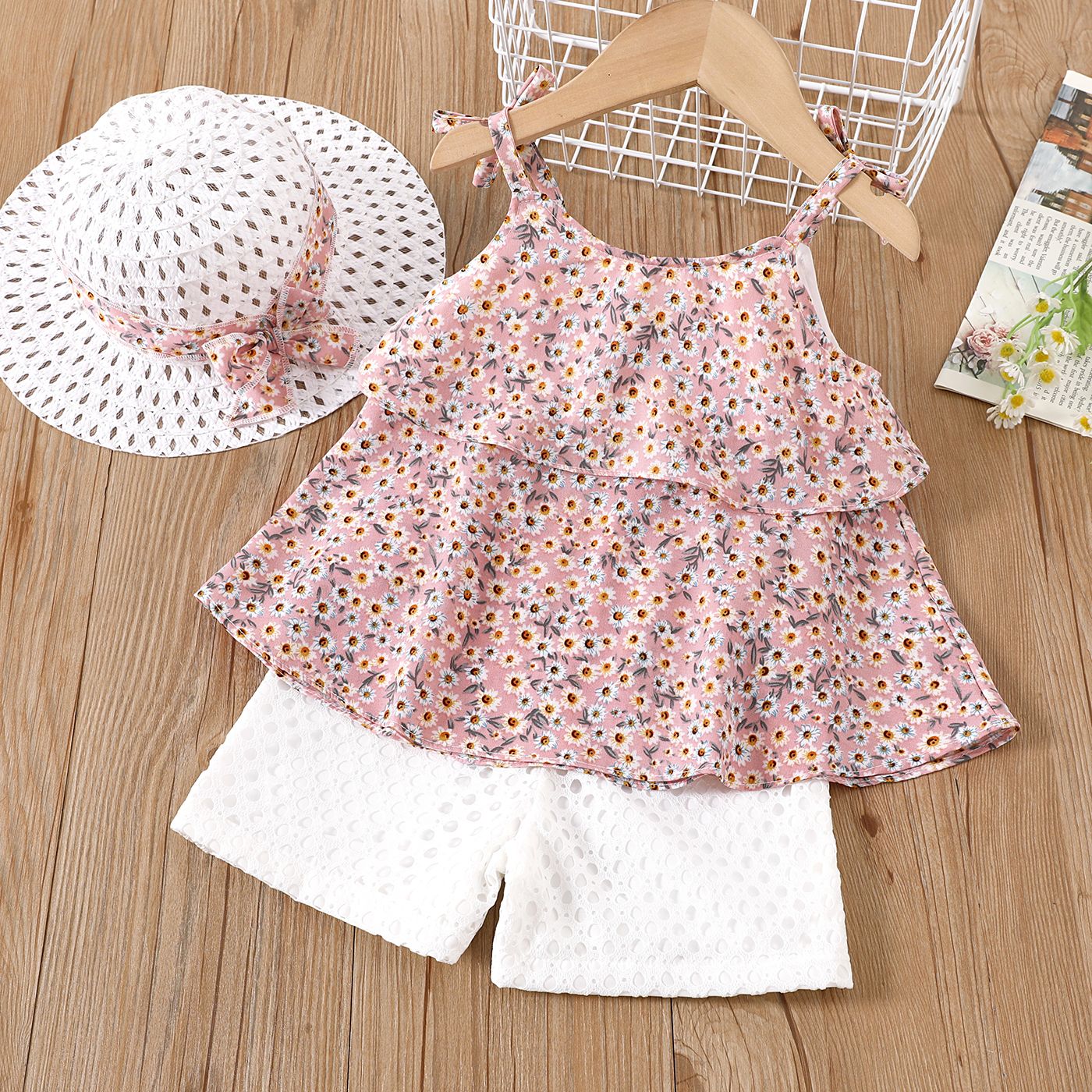 3pcs Toddler Girl Straw Hat & Floral Print Ruffled Chiffon Camisole And White Shorts Set