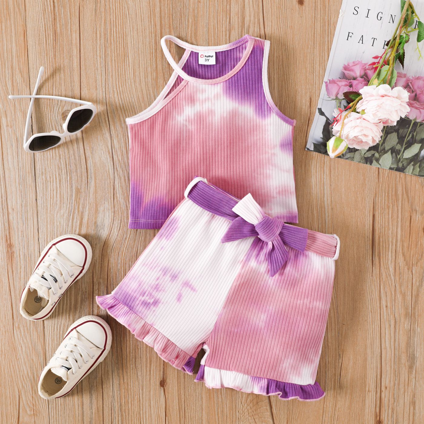 2pcs Toddler Girl Tie Dye Rib-knit Halter Neck Top  and Belted Shorts Set