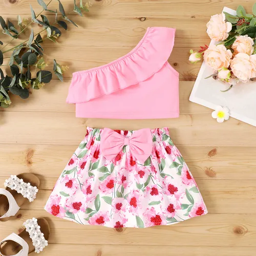 2pcs Toddler Girl Ruffled One-Shoulder Tank Top and Floral Print Bow Front Skirt Set
