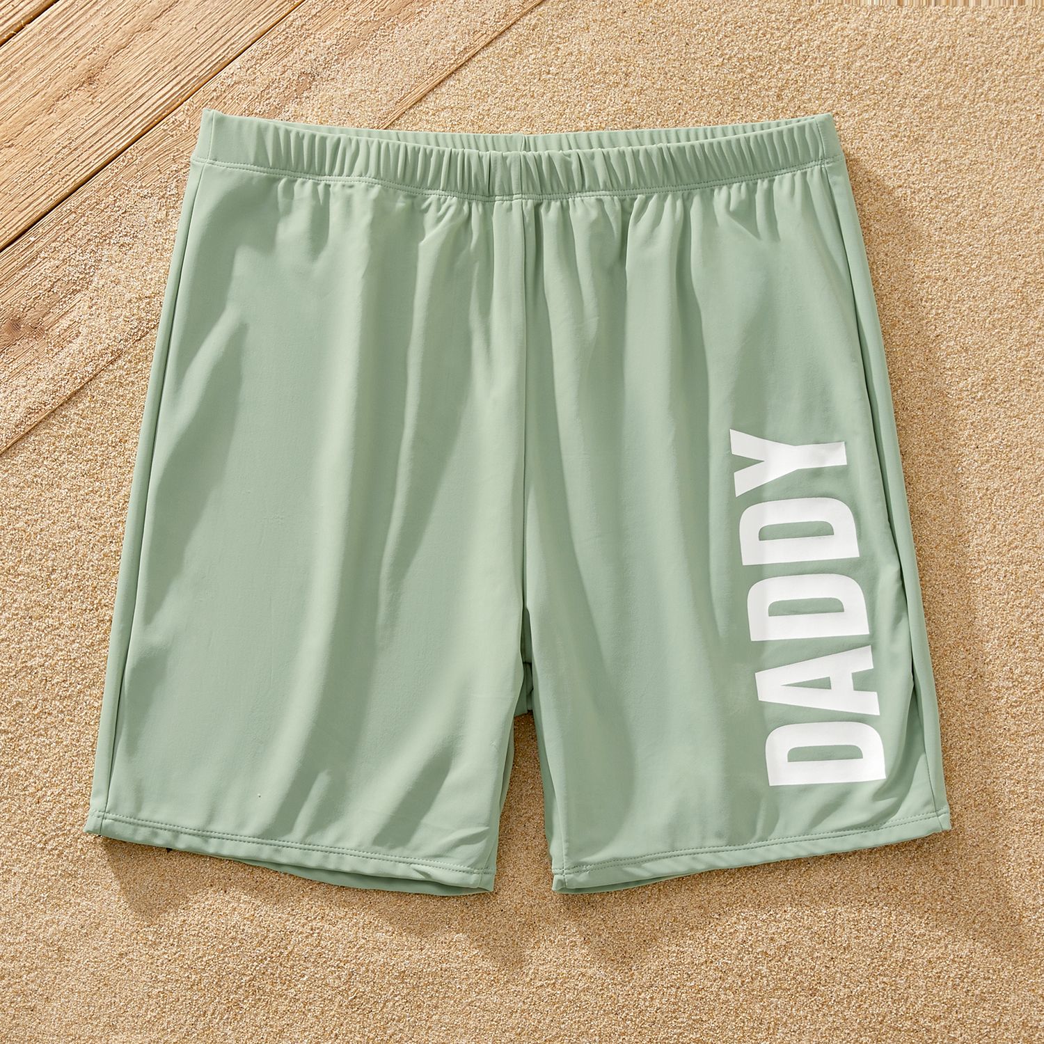 Family Matching Scallop Trim Green One-piece Swimsuit Or Letter Print Swim Trunks Shorts