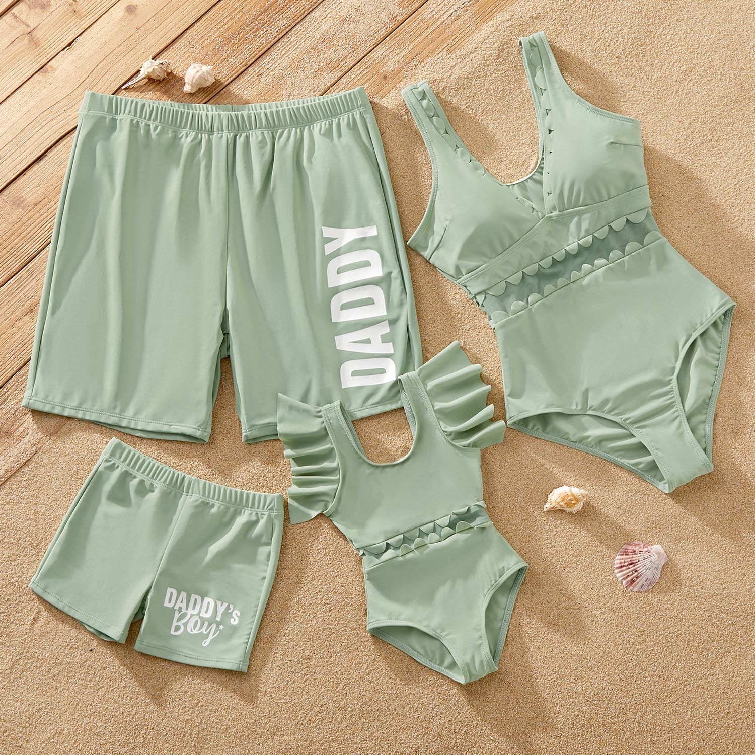 

Family Matching Scallop Trim Green One-piece Swimsuit or Letter Print Swim Trunks Shorts