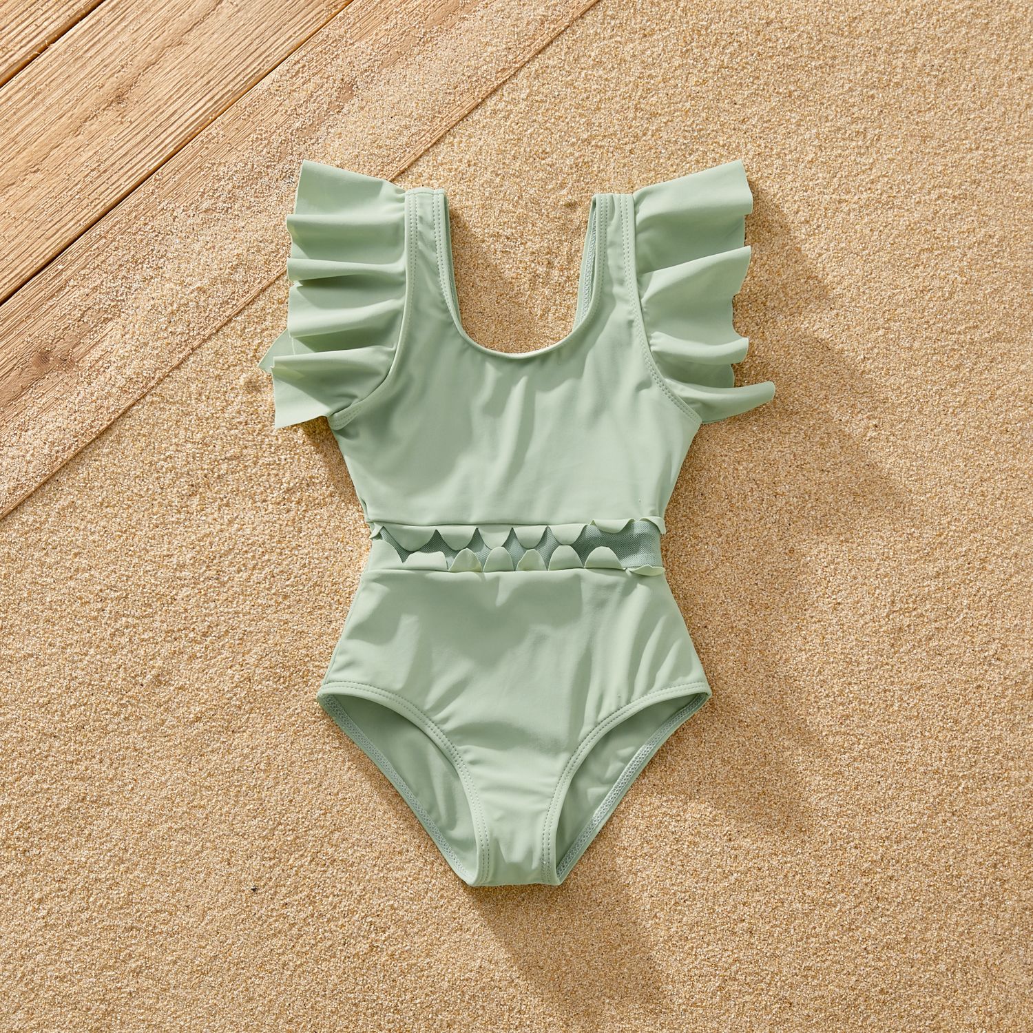 Family Matching Scallop Trim Green One-piece Swimsuit or Letter Print Swim Trunks Shorts