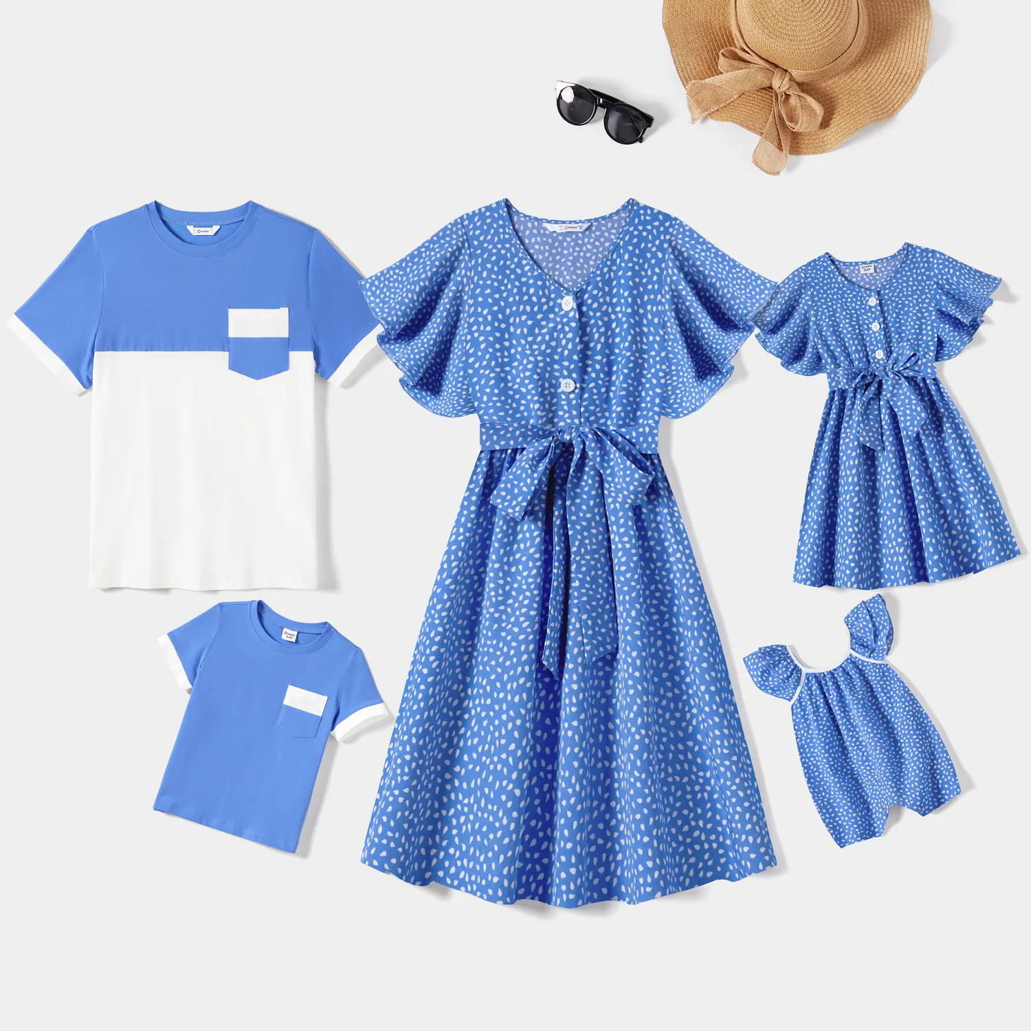 

Family Matching Dots Pattern Belted Ruffle-sleeve Dresses and Colorblock T-shirts Sets