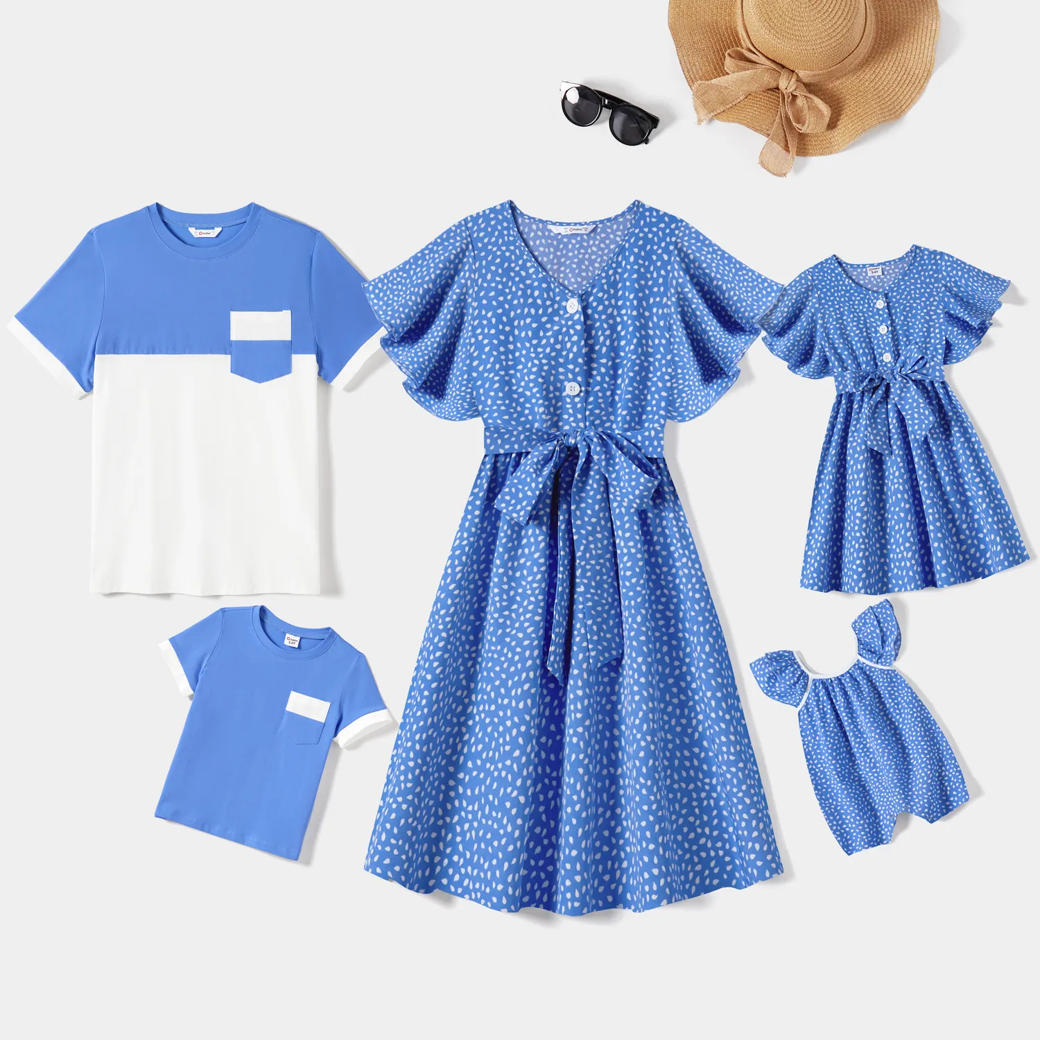 Family Matching Dots Pattern Belted Ruffle-sleeve Dresses and Colorblock T-shirts Sets  big image 7