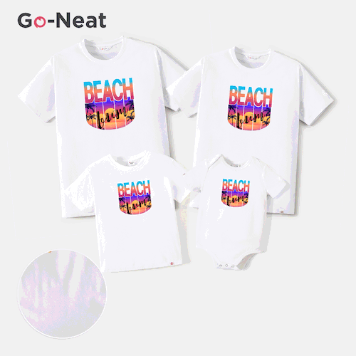 Go-Neat Water Repellent and Stain Resistant Family Matching Beach & Letter Print Short-sleeve Tee