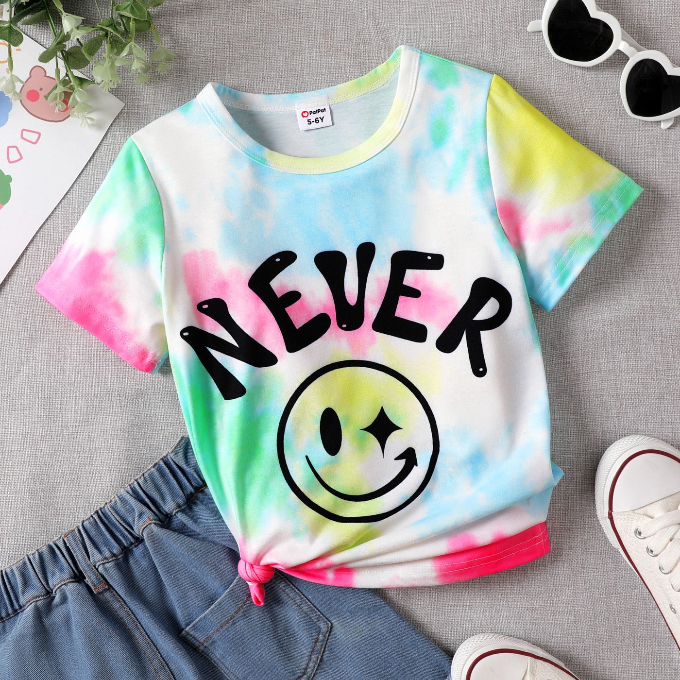 

Kid Boy Letter Print Tie Dye Short-sleeve Tee / Letter Print Ripped Denim Shorts