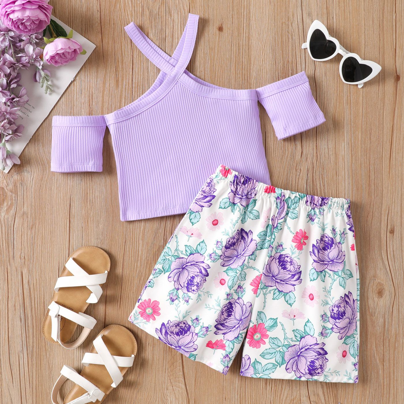 2pcs Kid Girl Coton Côtelé Halter Neck Top Et Allover Fleurs Print Shorts Set