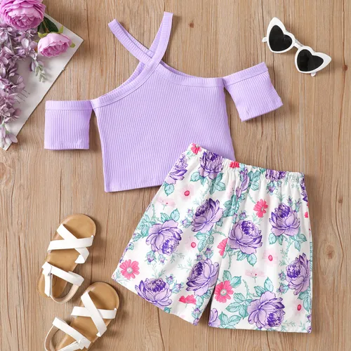 2pcs Kid Girl Cotton Ribbed Halter Neck Top and Allover Flowers Print Shorts Set