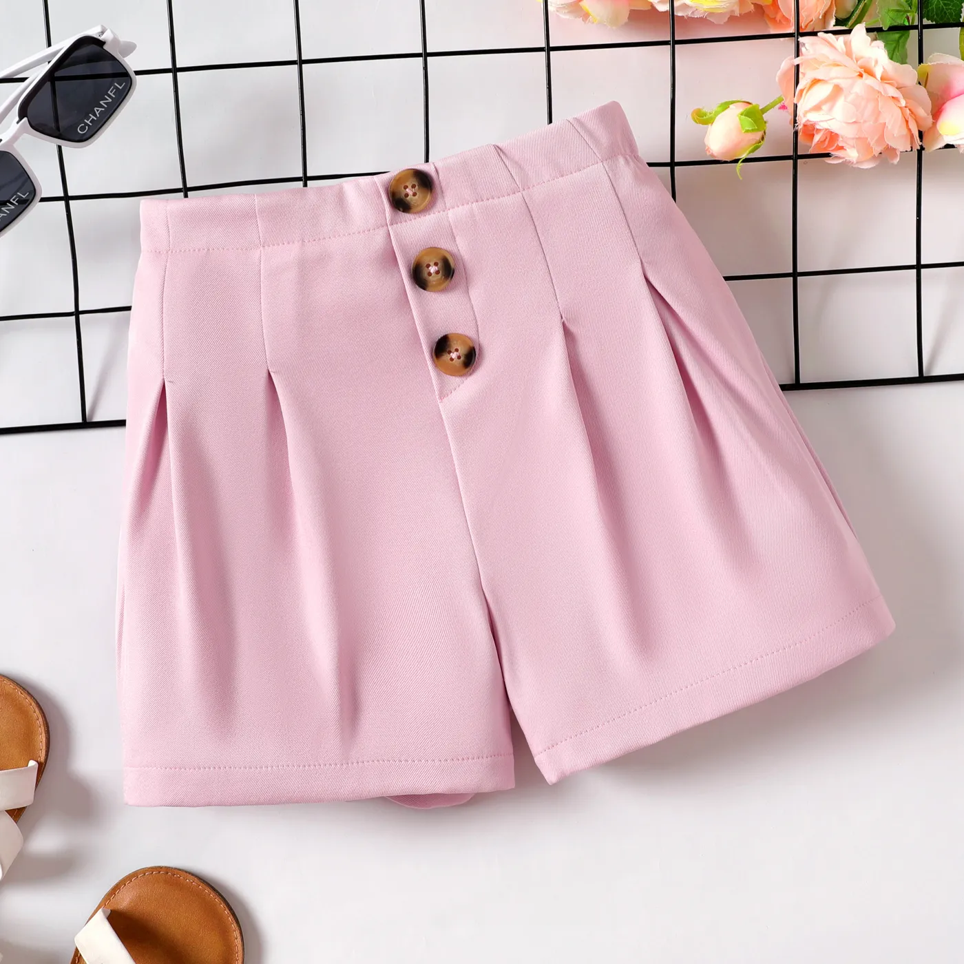 Kid Girl Button Up Front Solid Shorts Pink