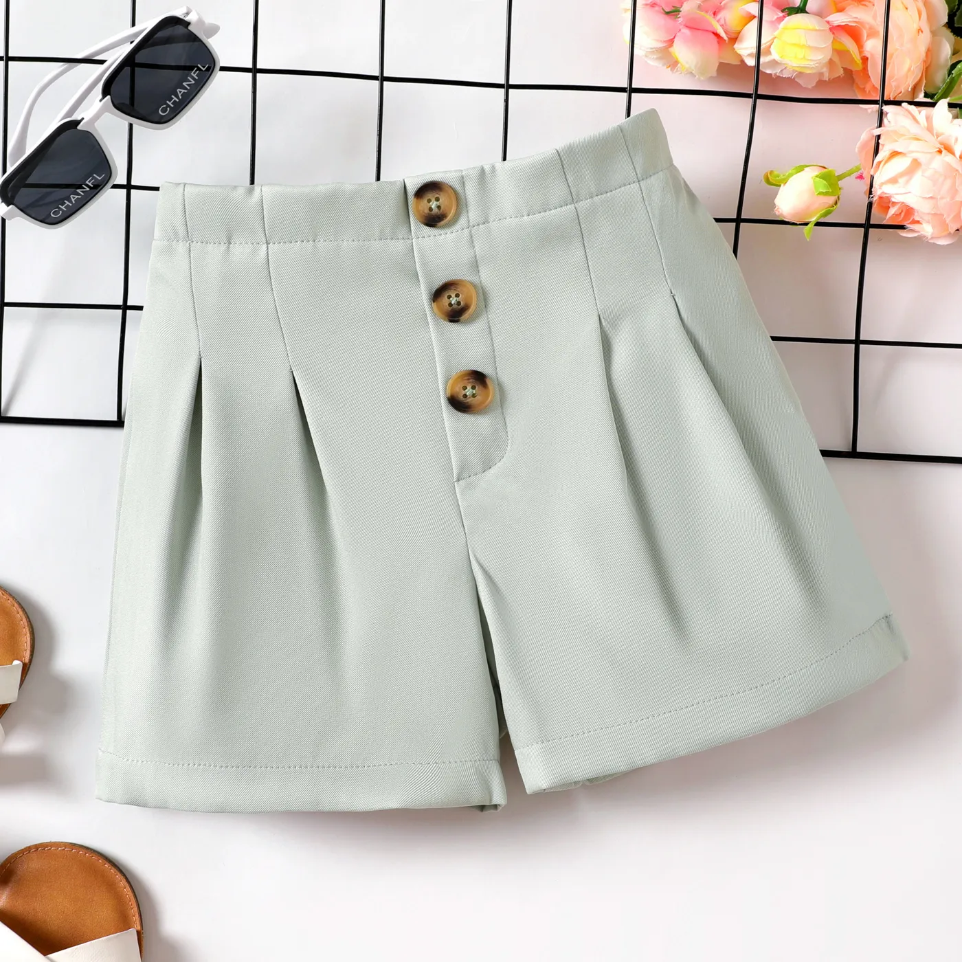 Kid Girl Button Up Front Solid Shorts  big image 1