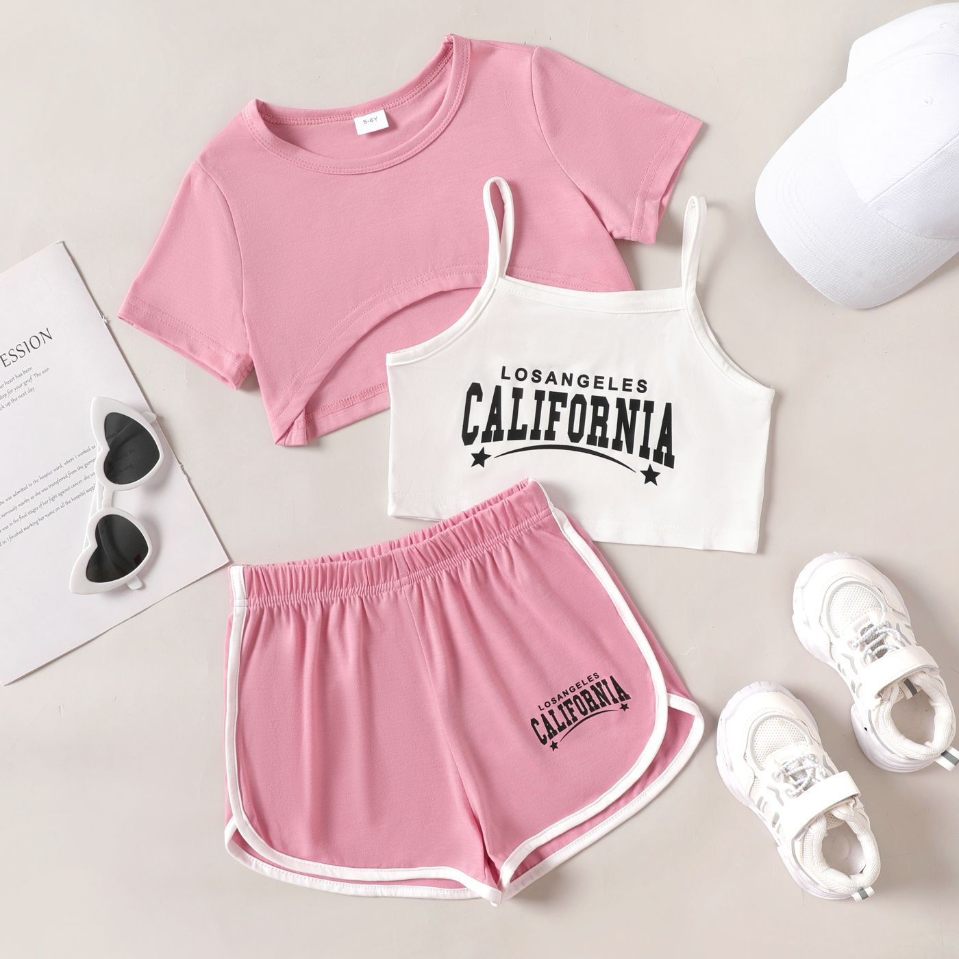 

3pcs Kid Girl Sporty High Low Short-sleeve Tee & Letter Print Cami Top & Dolphin Shorts Set