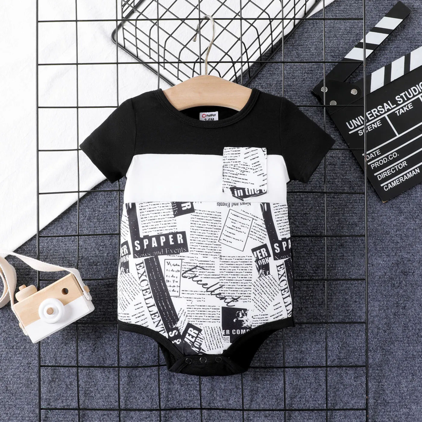 Bebé Menino Costuras de tecido Casual Manga curta Macacão curto Preto e branco big image 1