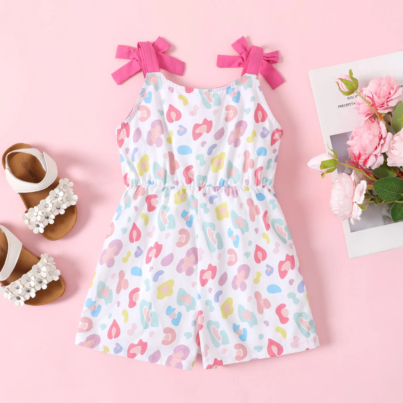 Toddler Girl 100% Cotton Leopard Knot Shoulder Cami Romper White image 2