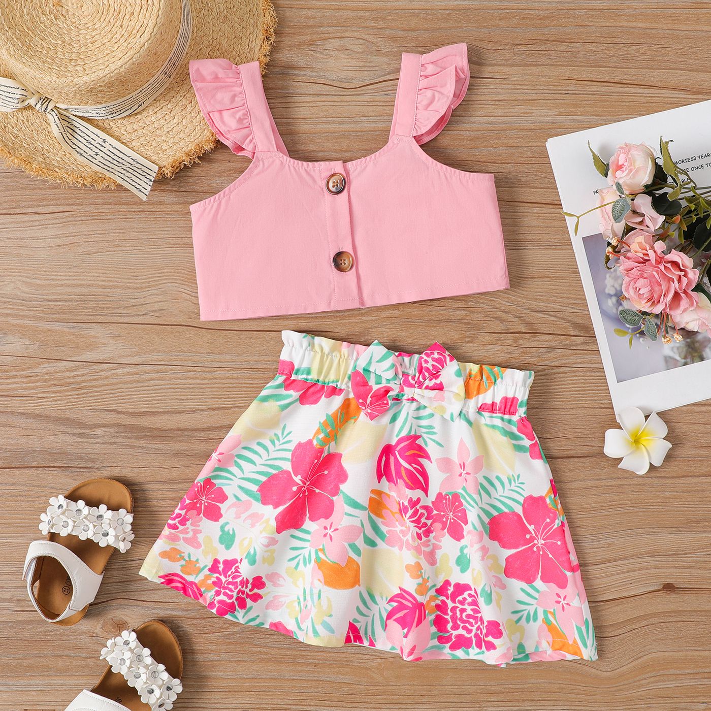 

2pcs Toddler Girl 100% Cotton Front Buttons Flutter-sleeve Top and Allover Floral Print Skirt Set